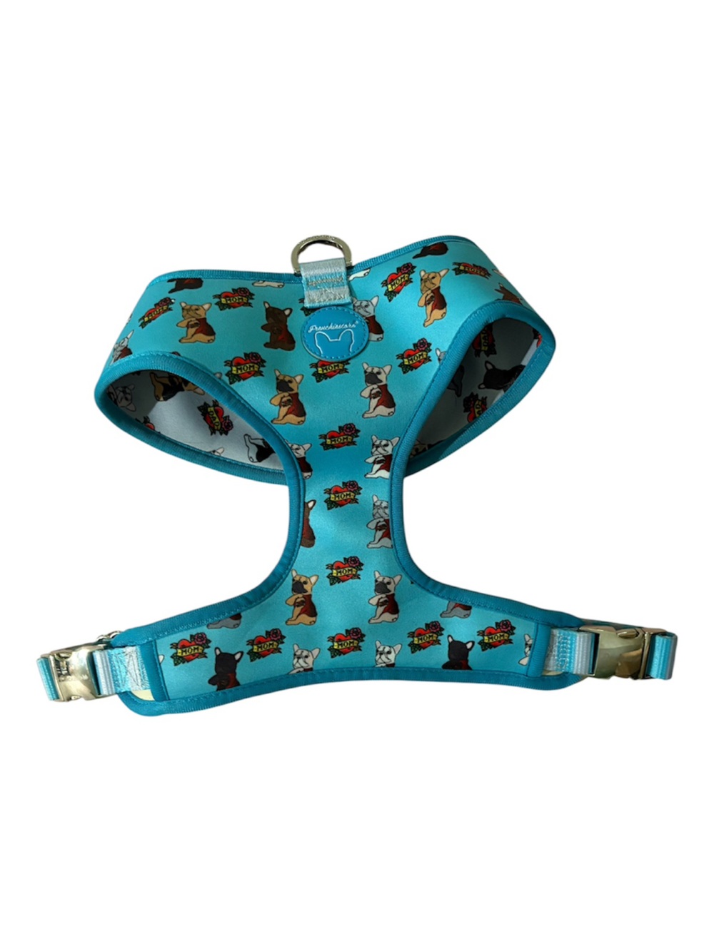 Frenchi Turquoise Dog Harness with Cartoon Pup Print